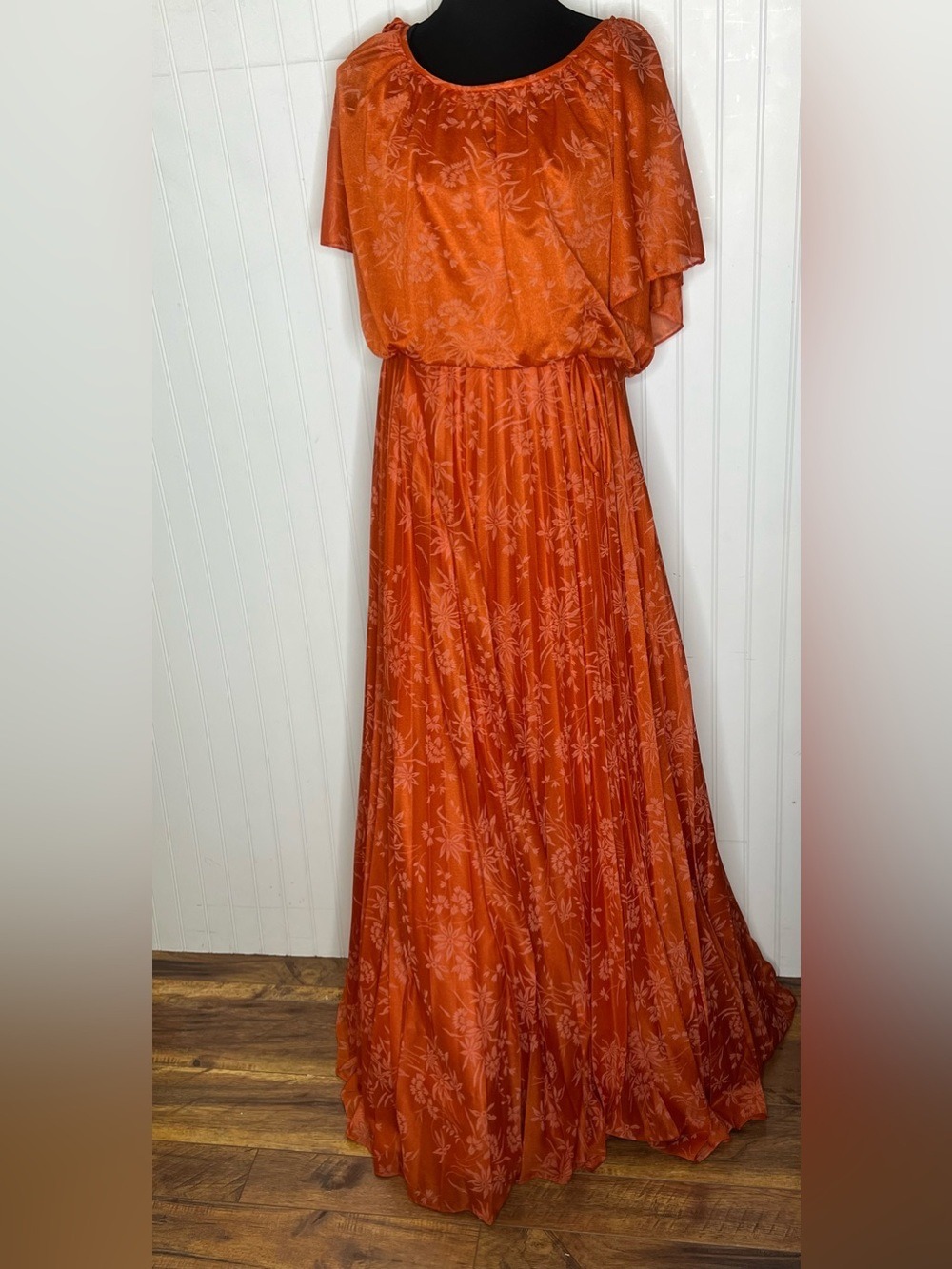 Vintage Rust Orange Pleated Floral Maxi Dress Size Large/12
